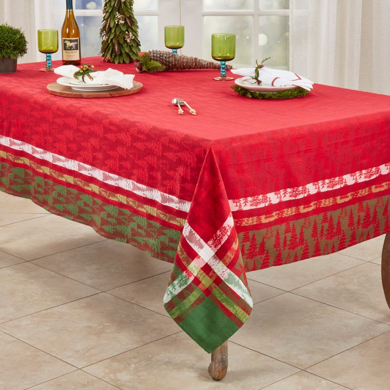 Saro Lifestyle Classic Plaid Christmas Tree Design Holiday Cotton Table Topper Tablecloth, Multi, 65" x 140"