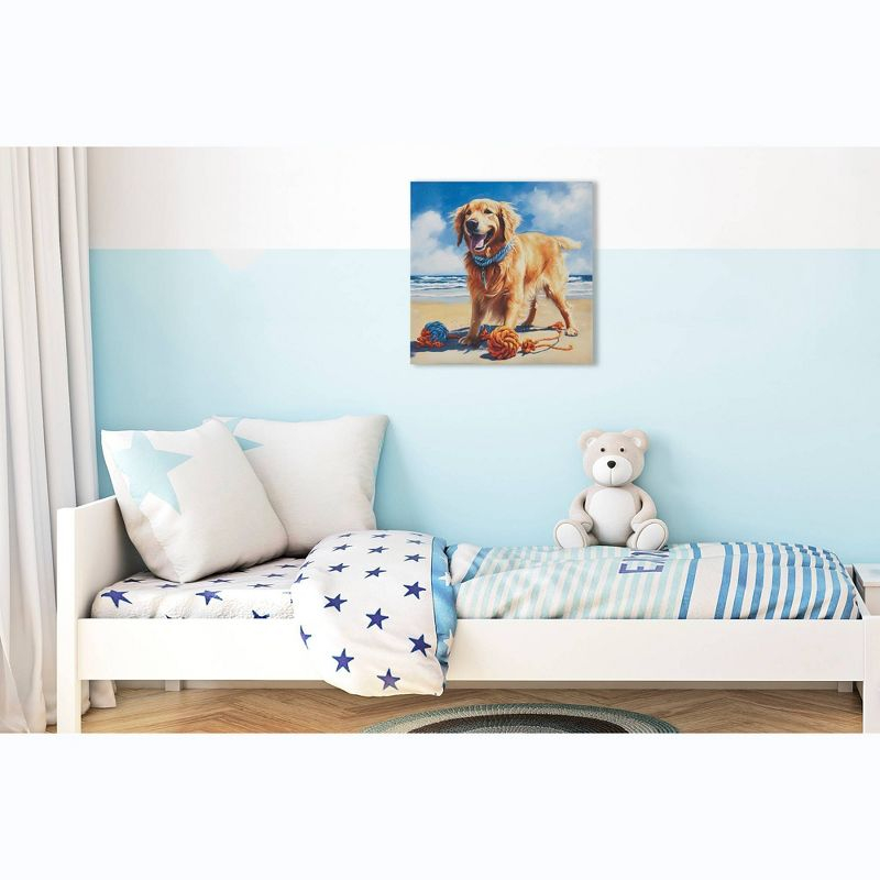 Madison Park 16"x16" Beach Playful Lively Dogs Print Canvas Wall Decor Art Golden Retriever Blue: Farmhouse Style
