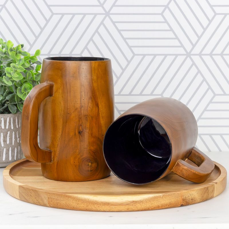 Darware Teak Wood Coffee Mugs, 2pc Set; Wooden Stein Retro 16 Fluid Ounce Cups