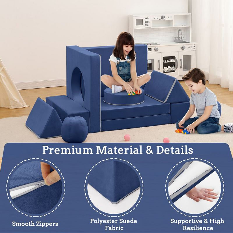 Kids Couch 12PCS Fold Out Toddler Couch with 2 balls, Modular Kids Couch for Playroom Creative Game Play Couch, Free DIY, Navy Blue