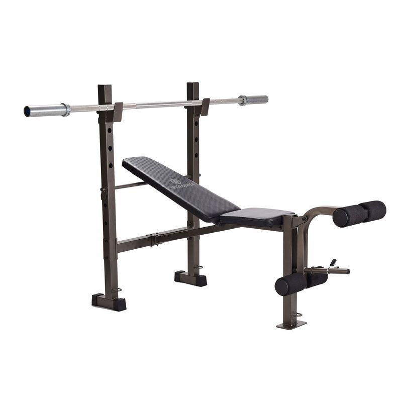 Stamina Adjustable Steel Weights Bench and Barbell Rack Combo Set with Resistance Band Anchor Points for Home Gym Workout or Exercise Equipment, Black