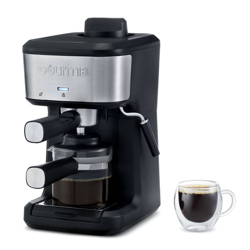 Gourmia 4-Shot Steam Espresso, Cappuccino, and Latte Maker with Frothing Wand: 1.5L Capacity, 1500W Electric