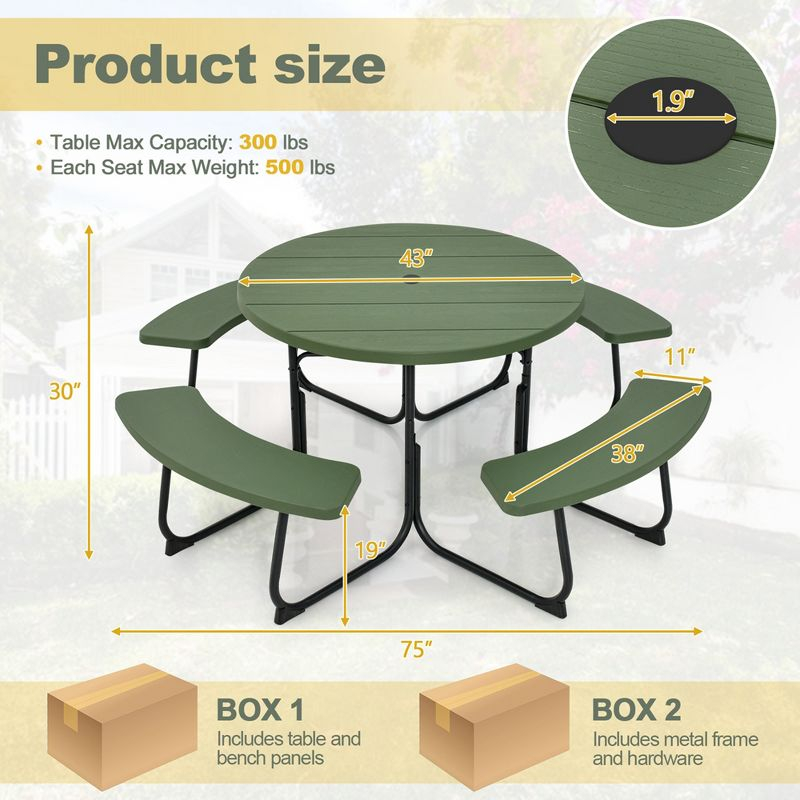 Costway Outdoor 8-person Round Picnic Table Bench Set with 4 Benches & Umbrella Hole Green