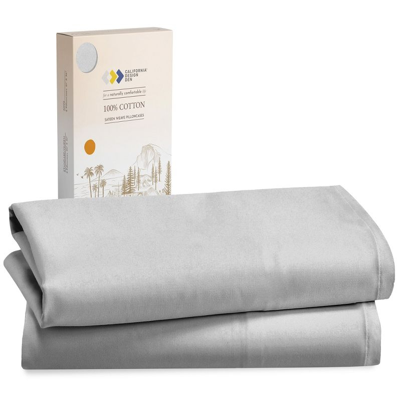 100% Cotton Light Gray Pillow Cases Standard Size / Queen Size Set of 2 Soft & Cooling Sateen Weave by California Design Den