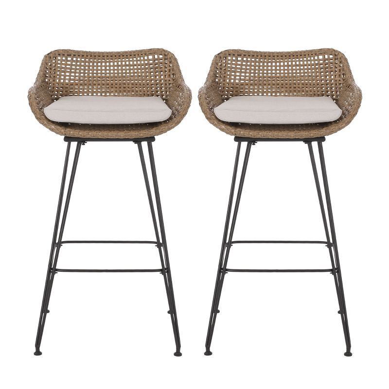 Gewnee Outdoor Wicker and Iron Low Back Barstools
