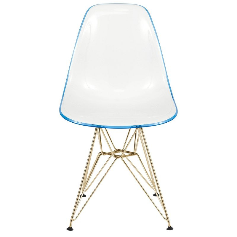 LeisureMod 5-Piece Dining Set with 35" Round Dining Table in White Iron Pedestal Base and 4 ABS Plastic Side Chair with Gold Base, White Blue