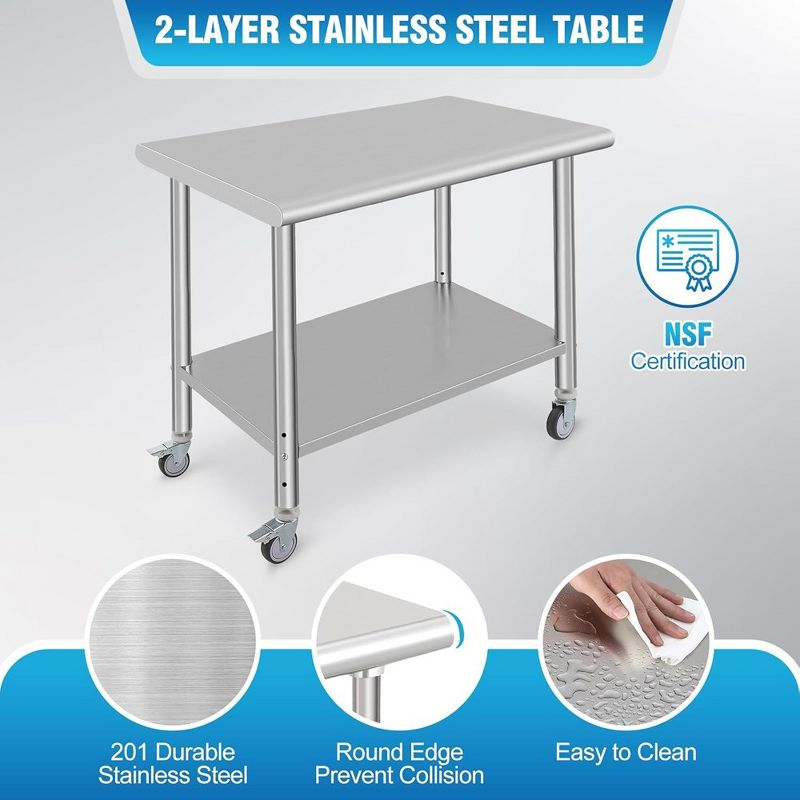 36"x24" Stainless Steel Kitchen Work Prep Table Commercial Workbench With Wheels