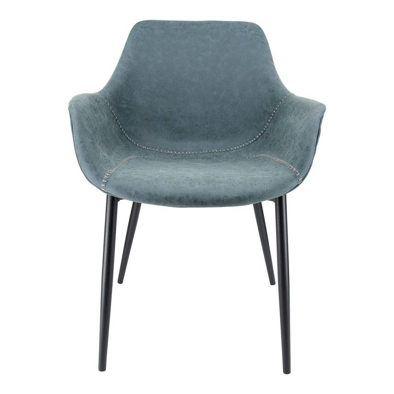 LeisureMod Markley Leather Dining Arm Chair With Metal Legs Set of 4 in Peacock Blue