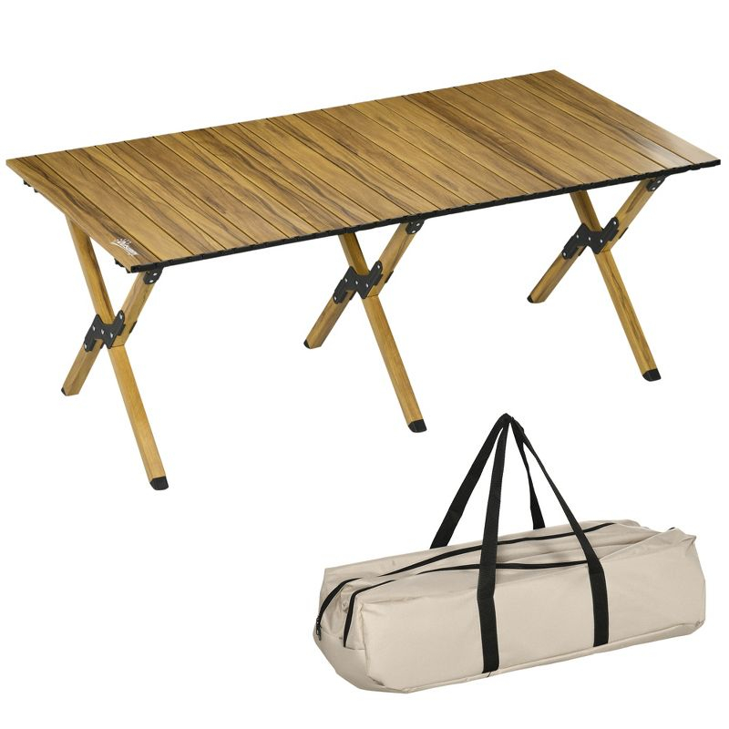Outsunny Outdoor Portable Table with Collapsing Roll-Up Top, Folding Camping Table, Waterproof Finish, Picnic & Tailgate Table for Beach, Travel, 4'