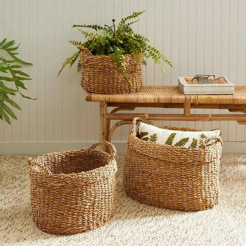 Plum & Post Seagrass Oval Baskets With Handles & Cuffs Set of 3