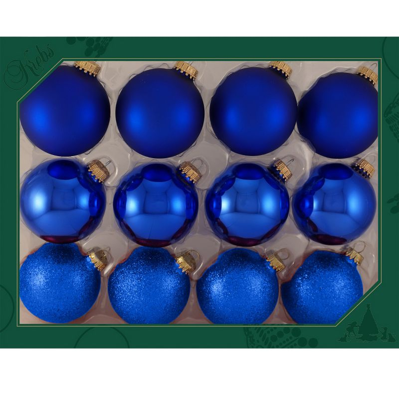 Christmas By Krebs Glass Christmas Tree Ornaments - 67mm/2.63" - Shiny, Velvet and Glitter Blue [12 Count]