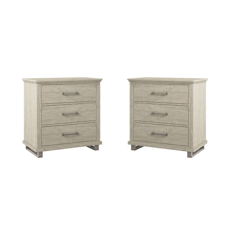 Set of 2 32'' Night Stand Beige - Accent Furniture: Modern Design, 3 Drawers, Metal Legs