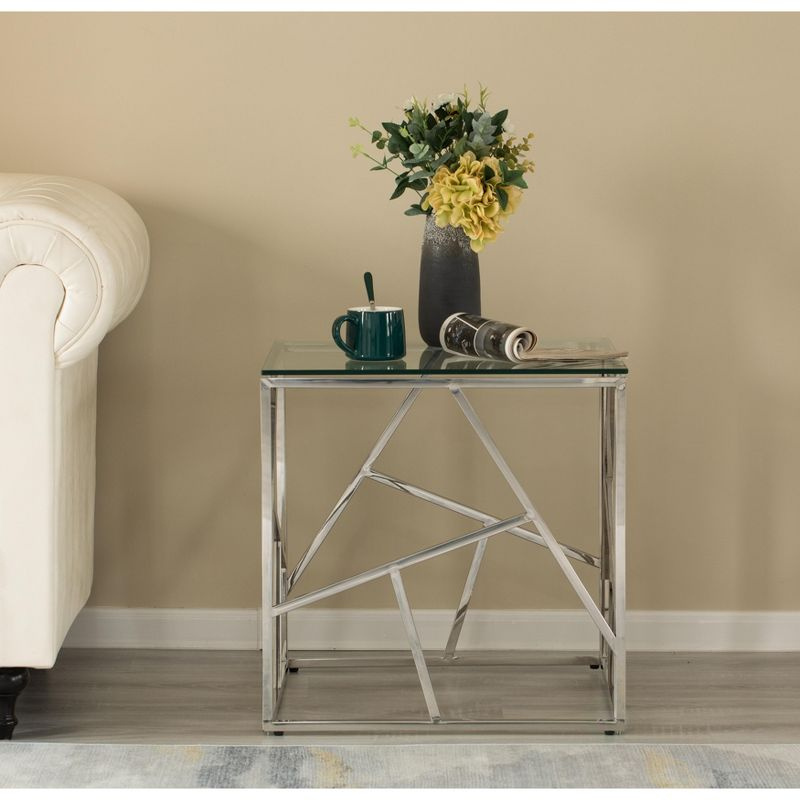 Fabulaxe Modern Square End Side Table, Tempered Glass Top Metal Coffee Table, Silver