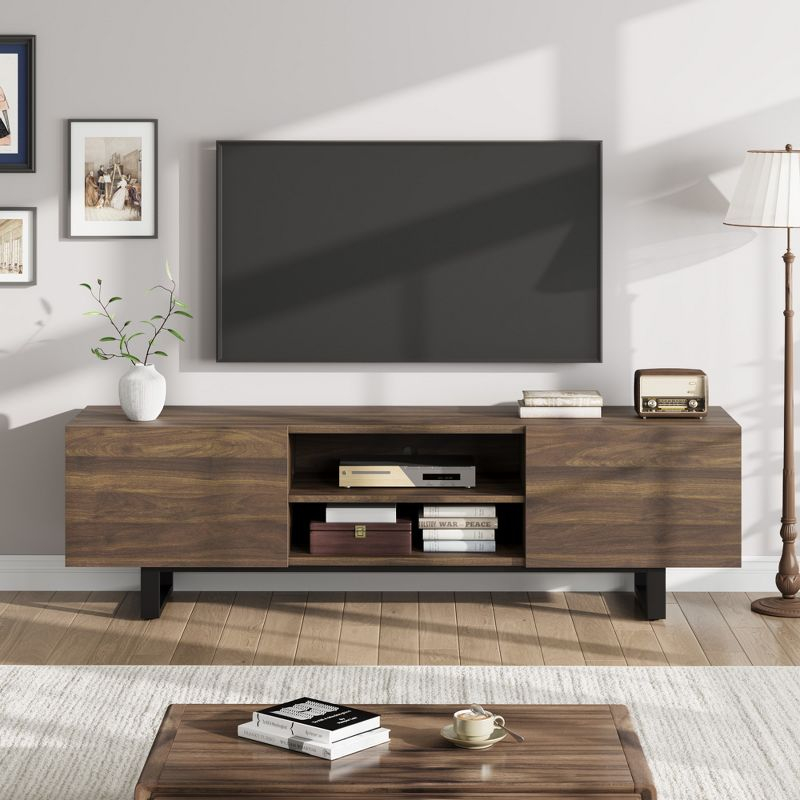 Industrial TV Stand for 80 Inch, Modern Entertainment Center with 2 Drawers, Wooden Cabinet with Heavy Duty Leg and Open Storage for Bedroom, Walnut