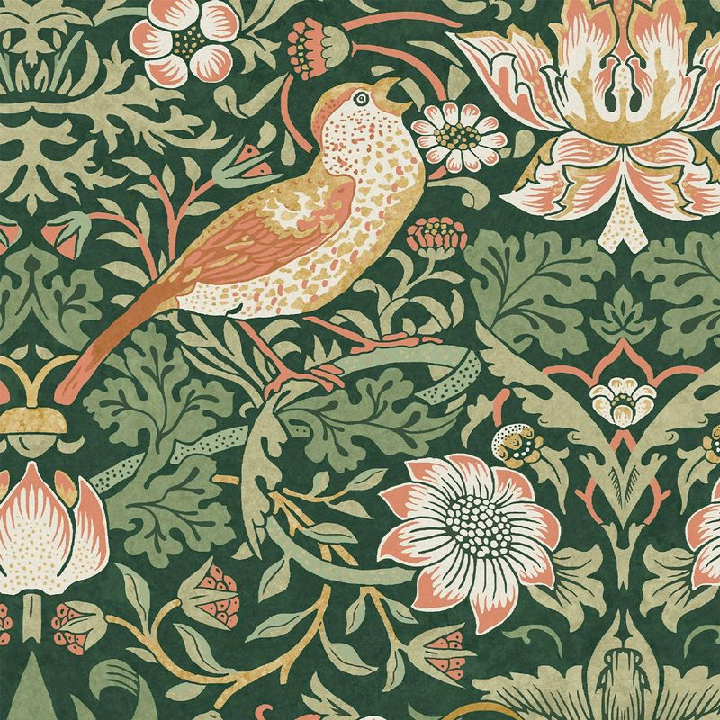 William Morris at Home Strawberry Thief Rich Green Wallpaper