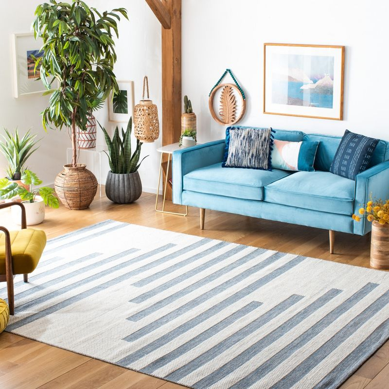 Striped Kilim STK504 Hand Woven Area Rug - Ivory/Blue - 8'x10' - Safavieh.
