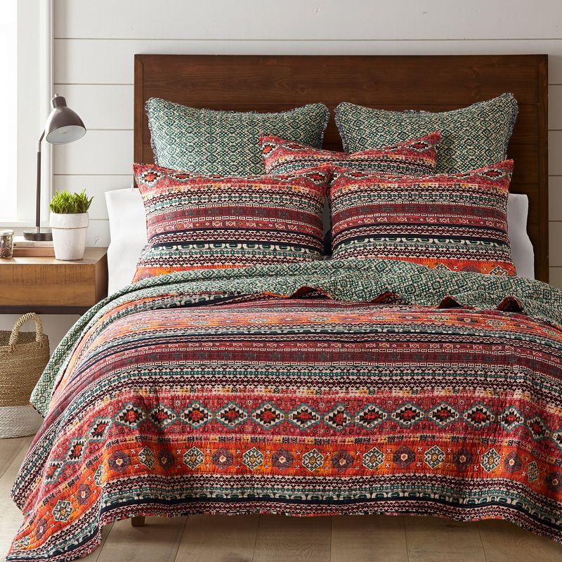 Vista Aztec Stripe Quilt Set - Full/Queen Quilt and Two Standard Pillow Shams Orange, Green, Black - Levtex Home