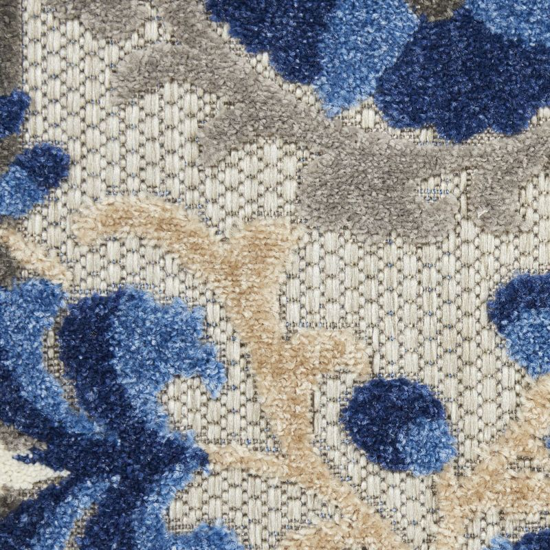 Nourison Aloha Floral Textured Flatweave High-Low Indoor Outdoor Round Rug Natural/Blue 5'3" x 5'3"