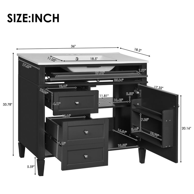 36''W Bathroom Vanity with Top Sink, Modern Bathroom Storage Cabinet with 2 Drawers and a Tip-out Drawer, Black - ModernLuxe