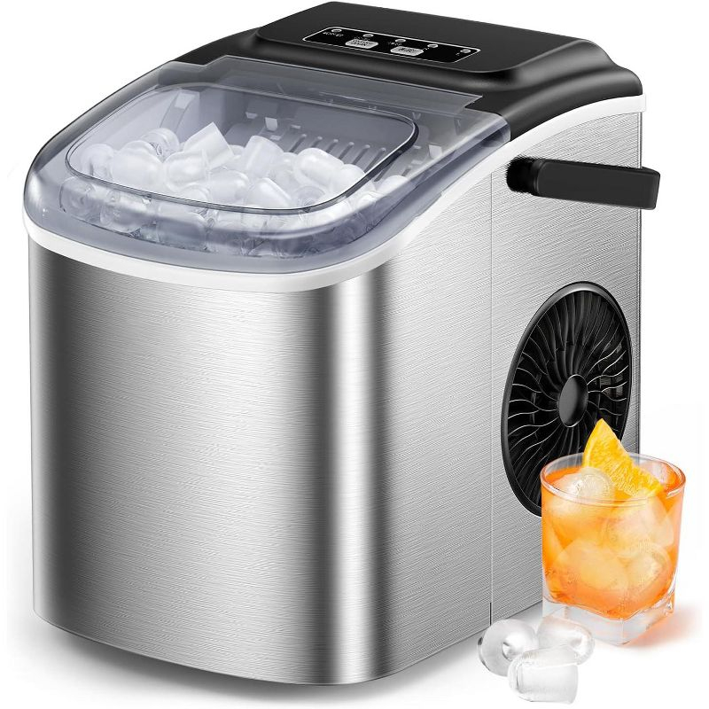 Silonn Stainless Steel Countertop Ice Maker - 9 Cubes in 6 Mins, 26lbs/24Hrs, Self-Cleaning, Includes Scoop & Basket, 2 Bullet Ice Sizes