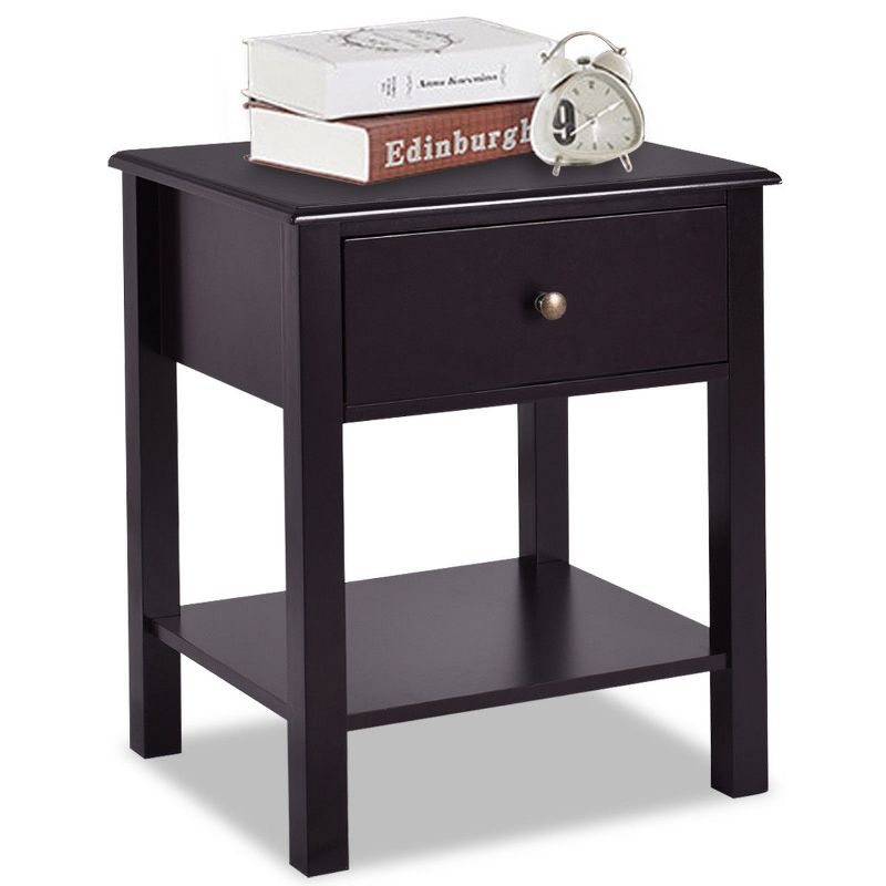 Tangkula End Table Nightstand w/Drawer & Shelf Bedroom Living Room Furniture Brown
