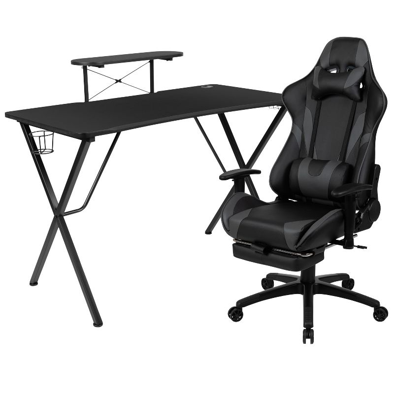 Flash Furniture Black Gaming Desk with Cup Holder/Headphone Hook and Monitor/Smartphone Stand & Gray Reclining Gaming Chair with Footrest