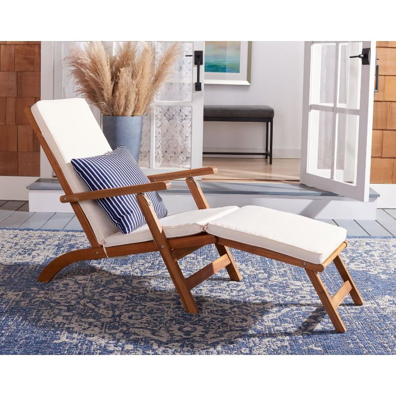 Palmdale Lounge Chair - Outdoor - PAT7015 - Natural/Beige + Blue Stripped Pillow -Safavieh