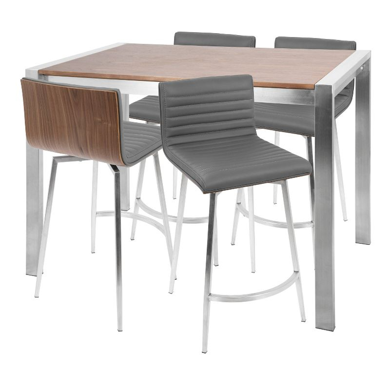 LumiSource 5pc Mason Counter Height Dining Set Stainless Steel Walnut/Gray PU Leather