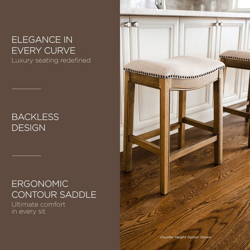 Maven Lane Adrien 31 Inch Bar Height Upholstered Backless Saddle Barstool in Natural Wood Finish with Wheat Cream Fabric Cushion Seat, Set of 2