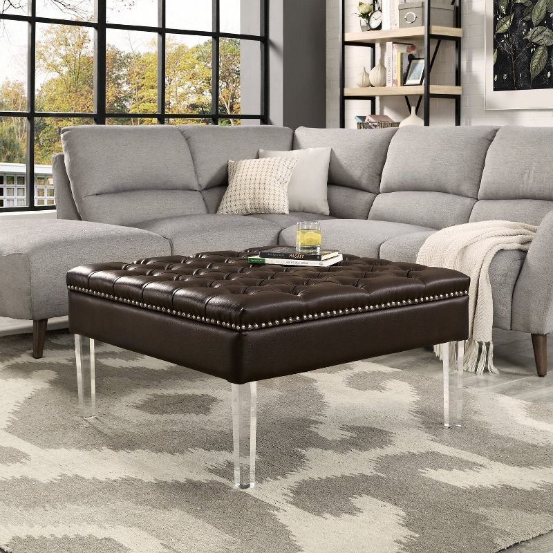 Inspired Home Coco PU Leather Oversized Button Tufted with Silver Nailhead Trim Clear Acrylic Leg Cocktail Ottoman, Espresso