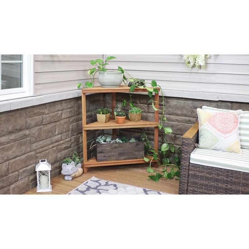 Sunnydaze Indoor/Outdoor Meranti Wood with Teak Oil Finish 3-Tiered Corner Flower Plant Stand Shelf Display - 36" - Brown