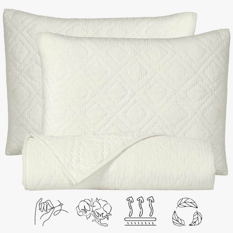 Luxury 100% Cotton Quilt Set, Hand-Quilted, Pre-Softened, Diamond Pattern by California Design Den - Creamy Ivory, King