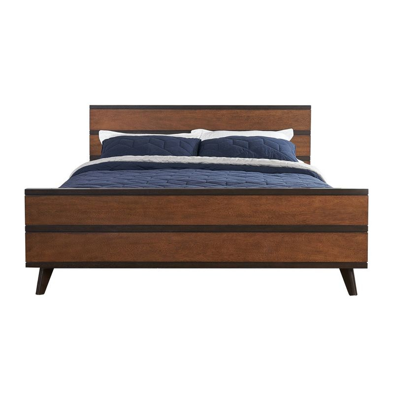 Queen Mid-Century Modern Platform Bed with Striped Detailing - Linon: Rubberwood, No Box Spring Required