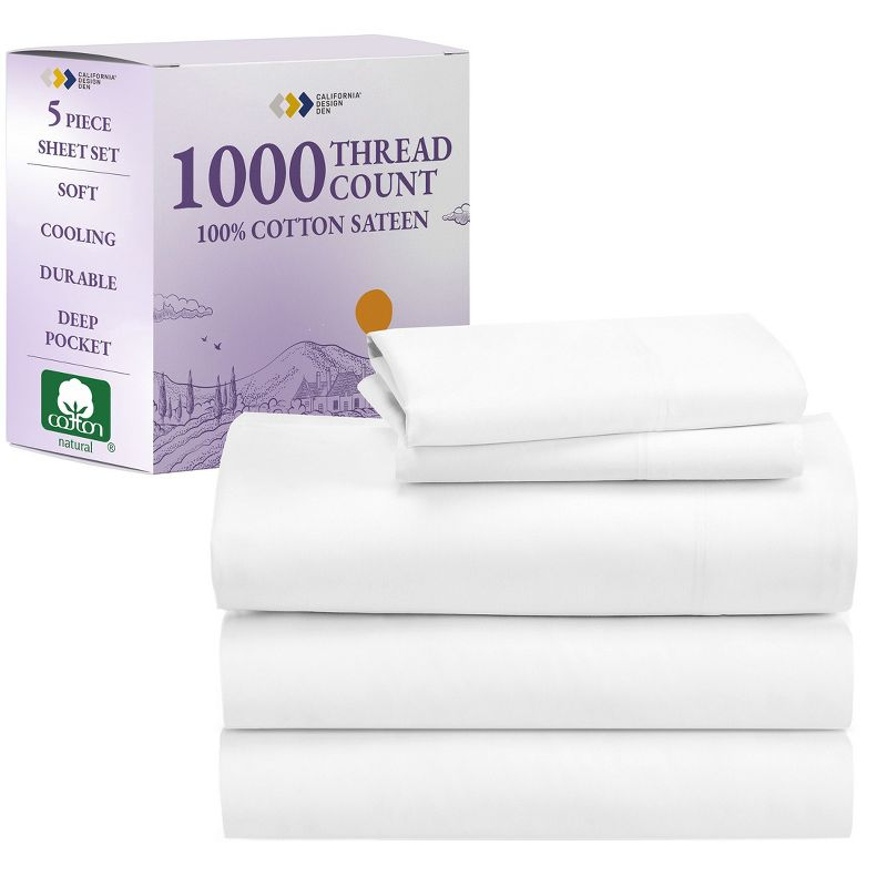 Luxury 1000 Thread Count Bed Sheets Set - 100% Cotton Sateen - Soft, Thick & Deep Pocket by California Design Den - Bright White, Split King
