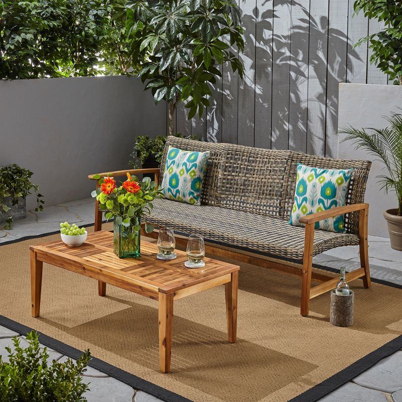 Christopher Knight Home Sewell Outdoor Acacia Wood and Wicker 3 Seater Sofa and Coffee Table Set, Gray/Natural Brown