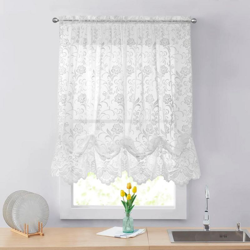Habitat Limoges Sheer Rod Pocket Timeless Romantic Floral Lace Design Balloon Curtain 55" x 63" White