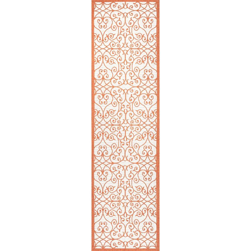 2' x 10' Madrid Vintage Filigree Textured Weave Indoor/Outdoor Runner Rug, Cream/Orange - JONATHAN Y