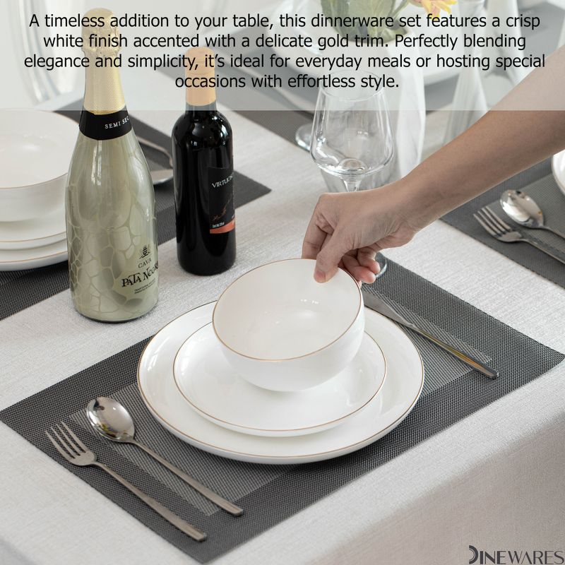 Dinewares White with Gold Rim Bone China Dinnerware Set - Service for 8, Includes Dinner Plates, Salad Plates, and Cereal or Soup Bowls