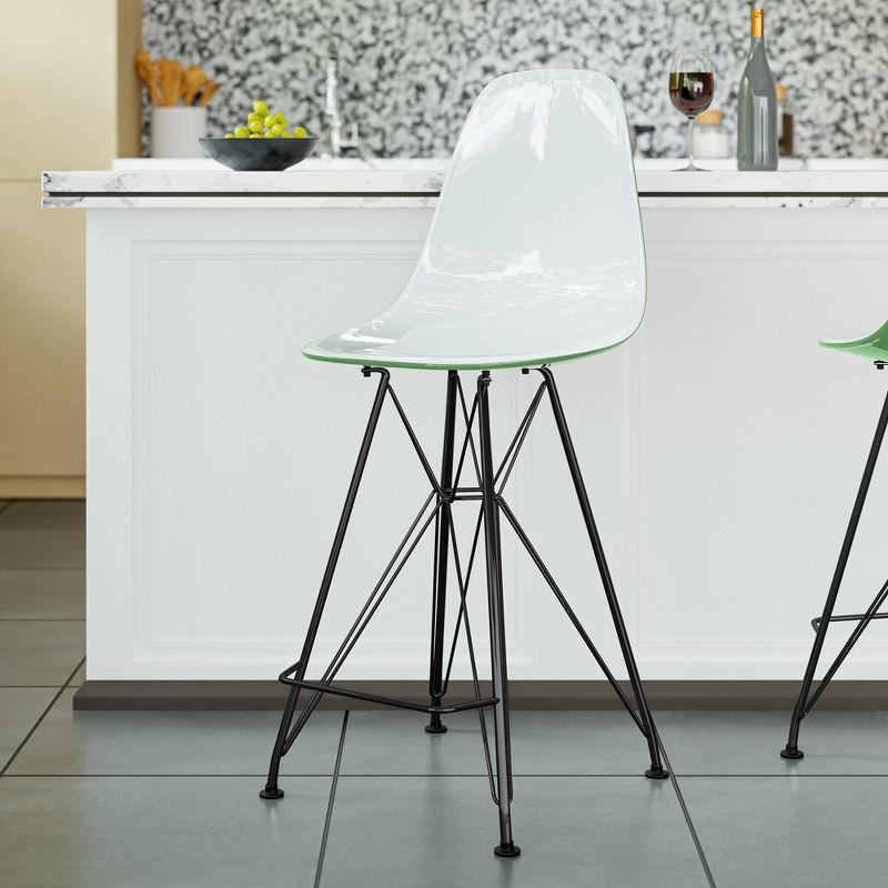 LeisureMod Cresco Mid Century Modern Acrylic Counter Height Barstool with Black Steel Base – Ideal for Kitchens and Dining Rooms, White/Green