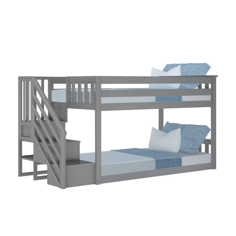 Max & Lily Solid Wood Twin over Twin Low Bunk Bed for Kids with Staircase, Grey
