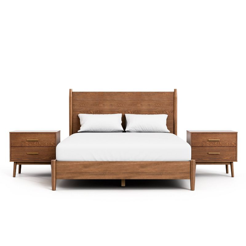 HOMES: Inside + Out 3pc Queen Neovesi Platform Bedroom Set Boho with 2 Nightstands Oak