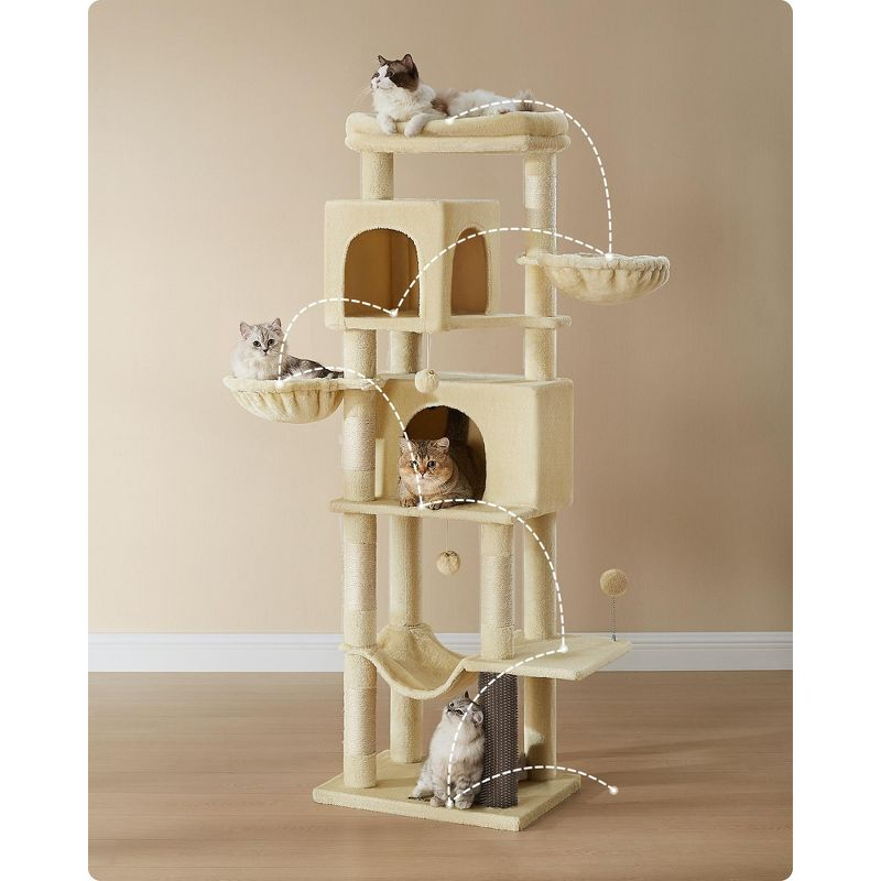 Feandrea Cat Tree, 69-Inch Tall Cat Tower for Indoor Cats, Multi-Level Cat Condo with 2 Caves, 2 Baskets, Sand Beige