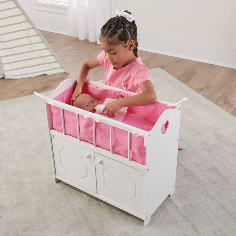 Badger Basket Storage Doll Crib with Bedding and Free Personalization Kit - White