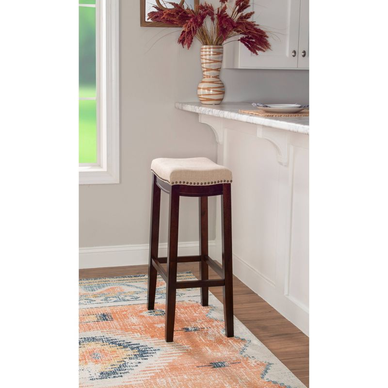 Linon Claridge Backless Nailhead Saddle Barstool Linen: Upholstered, Rubberwood Legs, Fixed Height 32.25"