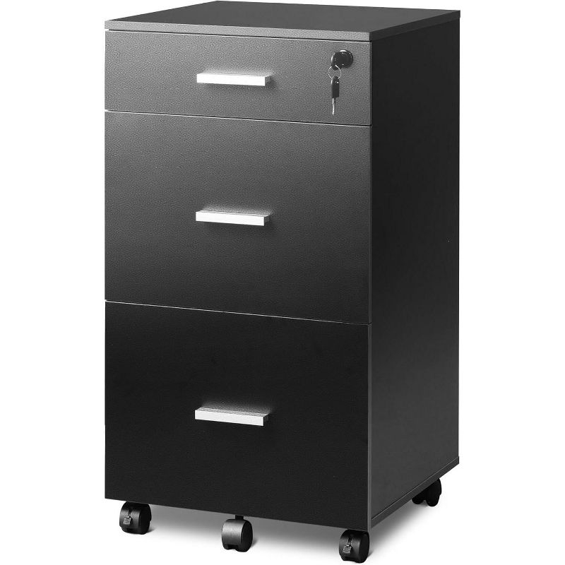 GALAXHERO  3 Drawer Rolling File Cabinet with Lock, Wood Filing Cabinet fits Letter / A4 Size for Home Office, Black