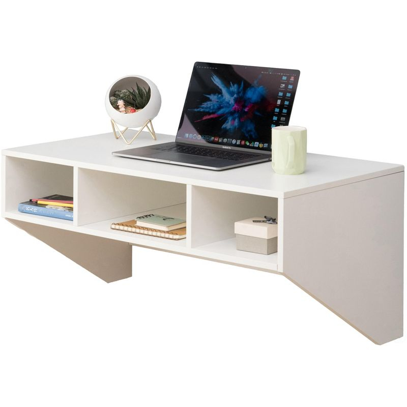Basicwise Wall Mounted Office Computer Desk with Three Compartments, White