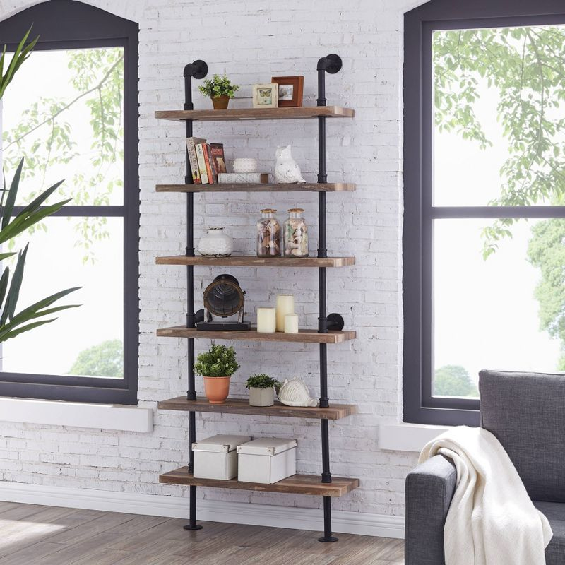 Modern Industrial 6-Tier Iron Pipe wall Mount Ladder Shelf Distressed Wood - Danya B.: Floating, Open Design, Laminated Surface