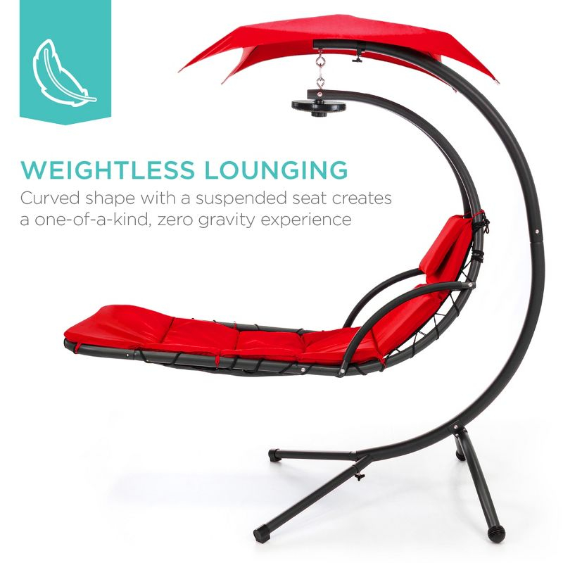 Best Choice Products Hanging LED-Lit Curved Chaise Lounge Chair for Backyard, Patio w/ Pillow, Canopy, Stand - Red