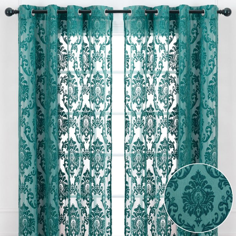 Chanasya 2pk Devore Damask Sheer Grommet Window Curtain Panels - Set of 2 - 52 x 63 Inches Long - Teal