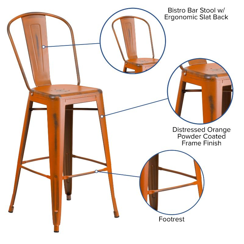 Flash Furniture Commercial Grade 30" High Distressed Orange Metal Indoor-Outdoor Barstool with Back